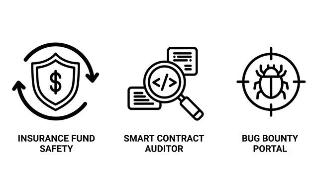 Set of cryptocurrency and blockchain security icons representing insurance smart contract auditing and bug bounty blockchain cryptocurrency security insurance auditing contract protection