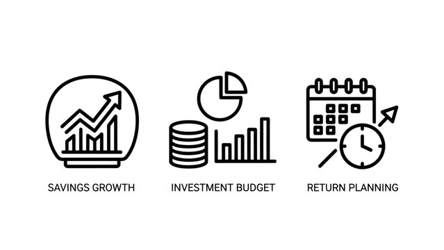 Finance growth and business investment infographic icons with investment planning calendar business strategy management financial analysis marketing corporate schedule deadline progress