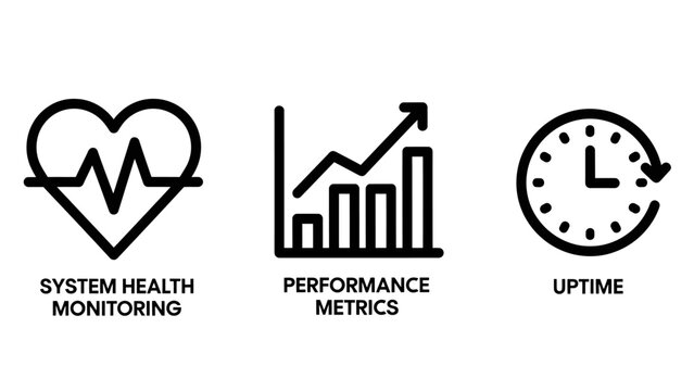 System health and performance monitoring infographic icons with performance monitoring analytics heartbeat business infrastructure technical optimization development analysis measurement