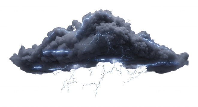 A massive, dark, dense storm cloud with multiple bright white lightning bolts striking downwards against a solid black background