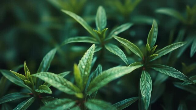 Fresh green leaf dewdrop foliage texture plant with soft moody bokeh calm nature