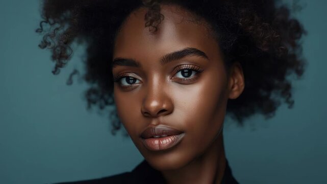 Young woman close up portrait with natural hair afro brown skin soft lighting calm confident