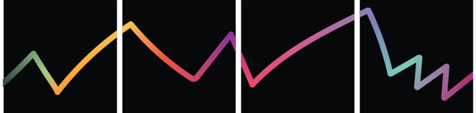 Colorful abstract waveform with varying patterns and gradients on a black background, segmented into four distinct sections.