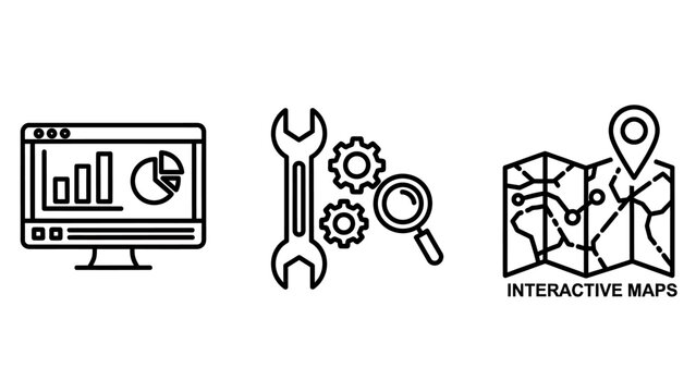 Data analytics tools configuration interactive maps icons vector set with analytics interactive business configuration magnifier navigation location technology interface software development