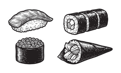 Vintage Hand-Drawn Sushi and Maki Set, Detailed Japanese Cuisine Engraving © trianatio