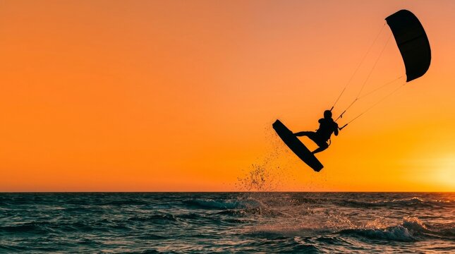 Professional unbranded kitesurfer catching massive air at sunset with spray