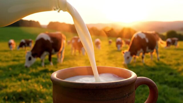 Fresh organic milk pouring into a rustic clay cup with a herd of cows grazing in a green pasture at sunset in warm golden hour lighting