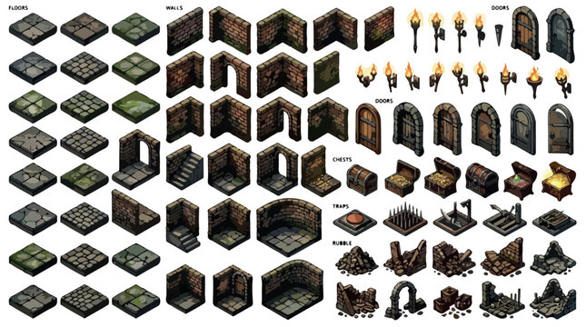 Isometric medieval dungeon game assets, fantasy RPG environment construction kit with stone floors and brick walls, dark castle interior vector set