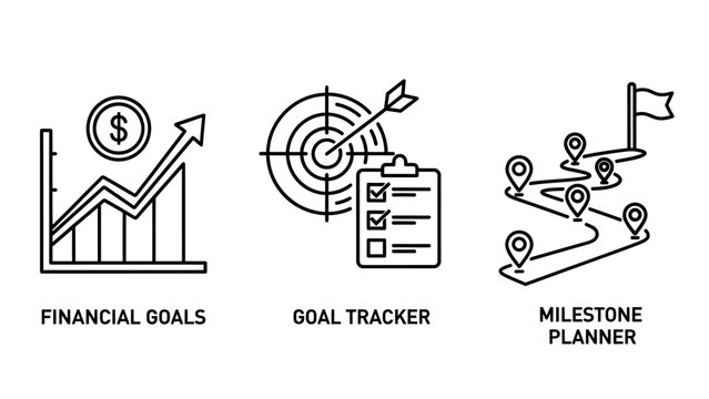 Business and financial goal setting progress icons set with tracking business milestone planning strategy achievement performance investment development objective analysis marketing