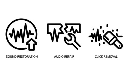 Obraz premium Audio restoration and repair service icons set including sound improvement and click removal with restoration production engineering waveform frequency processing reduction technical audiobook