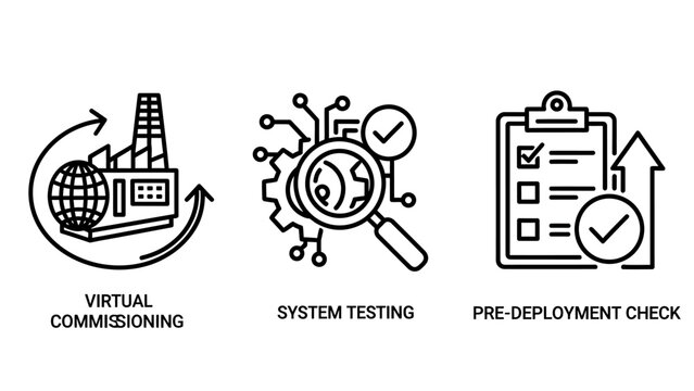 Virtual commissioning system testing and pre-deployment check icons with commissioning industrial automation assurance software verification engineering development workflow industry