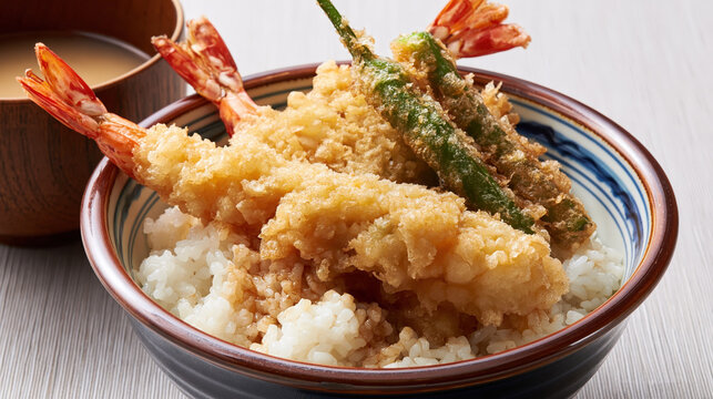 japanese tendon, tempra bowl with rice, fried shrimp and vegetables with sauce