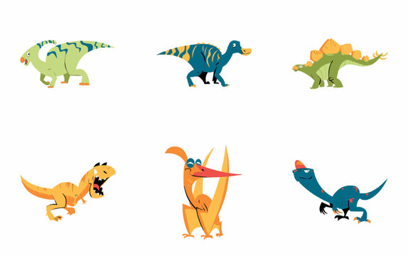 Cute Colorful Cartoon Vector Dinosaurs Collection. Prehistoric Animals Illustration Set for Kids Education.