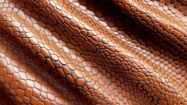 Brown snakeskin texture flows with natural, glossy sheen. Close-up reveals detailed, overlapping scales. Warm tones reflect subtle light and shadow. Surface curves gently, showing organic movement
