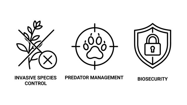 Biosecurity and environmental protection icons set invasive species predator management and shield security with biosecurity invasive predator management security protection wildlife prevention