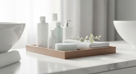 Fototapeta premium Minimalist Spa Skincare Products on Wooden Tray in Bathroom