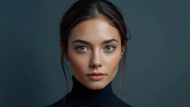 Young woman portrait with soft studio lighting and calm expression, soft expression and moody