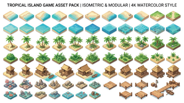 Isometric Tropical Island Game Asset Pack, Modular Watercolor Style Map Elements, Beach and Jungle Environment Tiles for Video Game Development