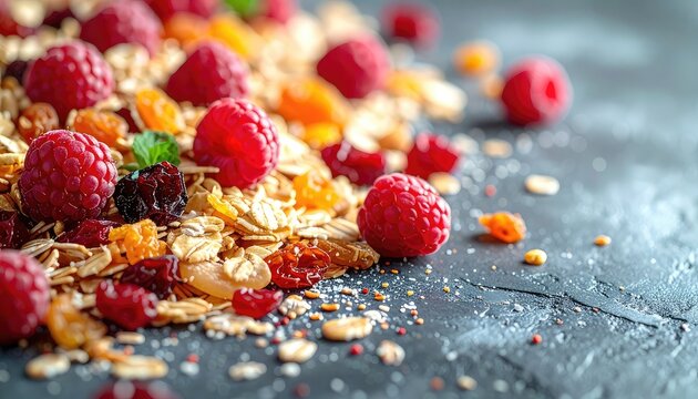 A close-up shot showcases a vibrant mix of fresh raspberries, dried fruits, and granola scattered across a dark textured surface, creating a visually appealing and healthy food arrangement.