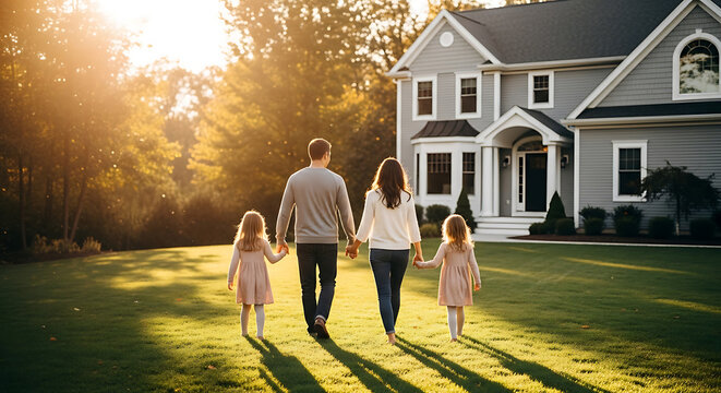 A family of four, including parents and two young daughters, walking hand-in-hand towards their large suburban home on a sunny day.