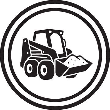 Black and white skid steer loader icon inside a circular frame for construction and heavy machinery concepts