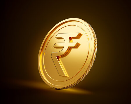 Golden Shiny Rounded Indian Rupee INR Coin On Shiny Golden Glow Background 3d Illustration