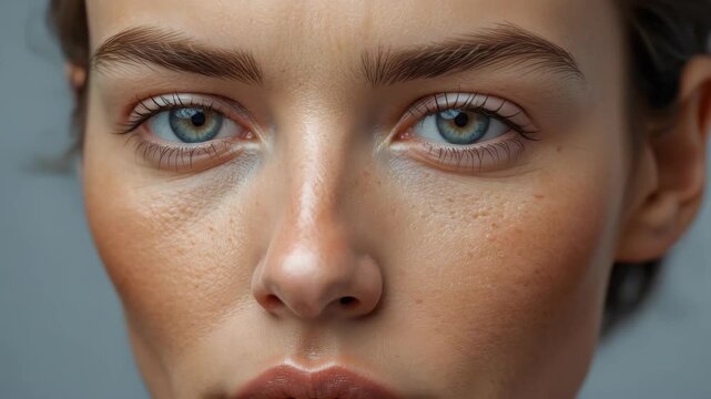 Young woman female close up portrait skin texture natural calm expression blue eyes soft expression