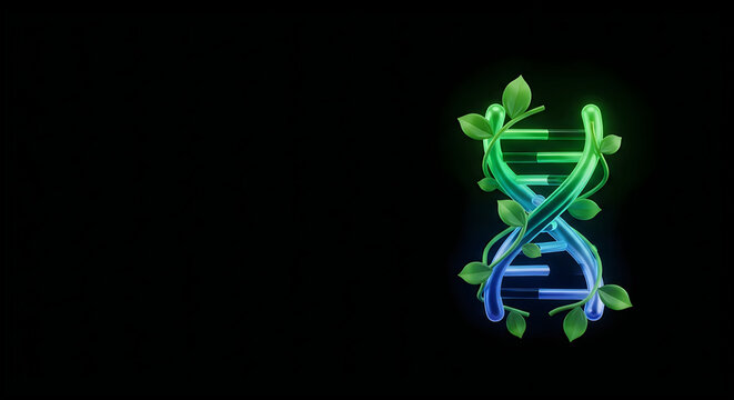 3d render of a dna strand intertwined with green leaves, symbolizing genetic engineering, biotechnology, and sustainable life sciences