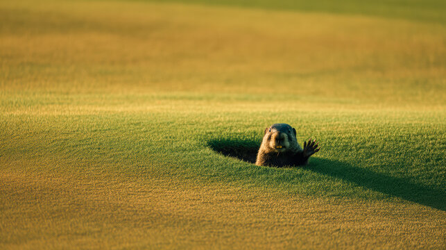 A groundhog on a golf course has crept out of a hole and is naively waving its paw. Serene scene of groundhog watching sunrise from underground shelter. Calm image of groundhog