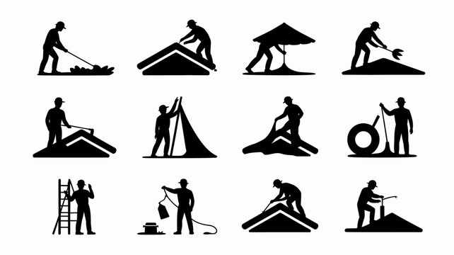 Roofing construction icons, black silhouette symbols, roof building illustrations, construction worker graphics