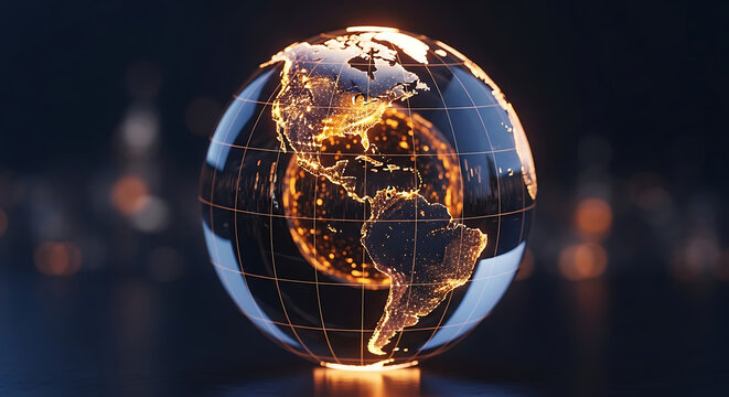 A glowing glass globe showing illuminated continents of North and South America against a dark, blurred background, symbolizing global connectivity and technology.