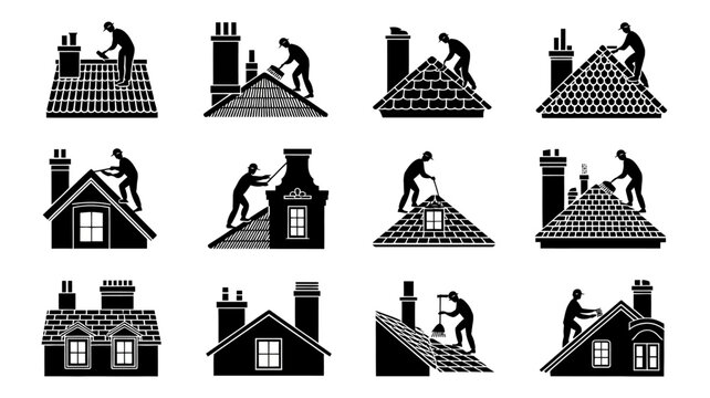 Roofing icons, construction symbols, house building signs, roofing workers, black silhouette graphics