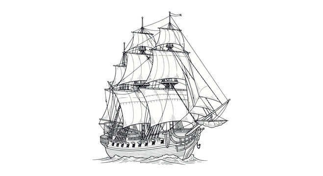 Vintage Sailing Ship Illustration, Nautical Vessel on Water, Maritime History