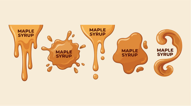 Maple syrup drips and splashes vector set, golden amber liquid honey puddles, sweet caramel sauce droplets and swirls for food packaging design