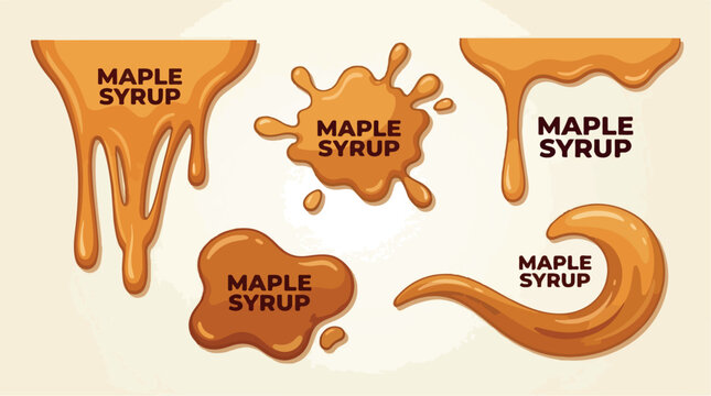 Maple syrup drips and splashes vector set, golden amber liquid caramel drops, sweet honey sauce puddles and sticky syrup stains for food packaging
