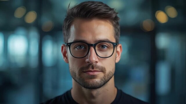 Young man portrait with glasses short hair and short beard thoughtful confident office portrait