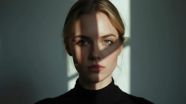 Young woman portrait with dramatic window shadow across face conveying moody calm and calm