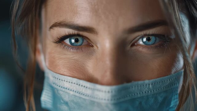 Close-up view of a doctor wearing a medical mask in a hospital setting during a healthcare scenario