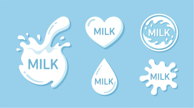 Minimalist milk splash and liquid drop vector icons, white dairy product labels on blue background, set of 5 flat milk logo elements for packaging