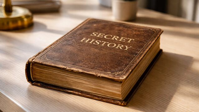 Close-up of an old textured book with gold Secret History lettering on a sunlit table. Ideal for conceptual designs exploring forgotten truths, conspiracy theories, and hidden knowledge aesthetics.