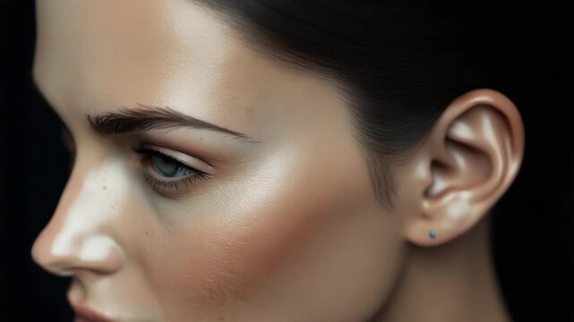 Blue eye woman close up portrait skin texture glowing natural confident expression blue eye woman