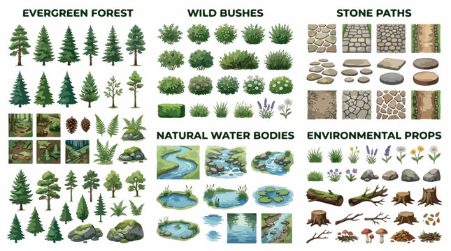 Natural landscape environment kit with evergreen forest trees, wild bushes and stone paths, water bodies and environmental props vector set