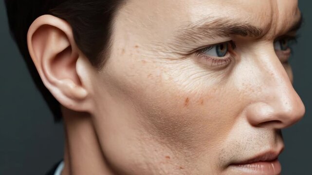 Close up portrait of mature caucasian man with blue eyes and textured skin showing intense