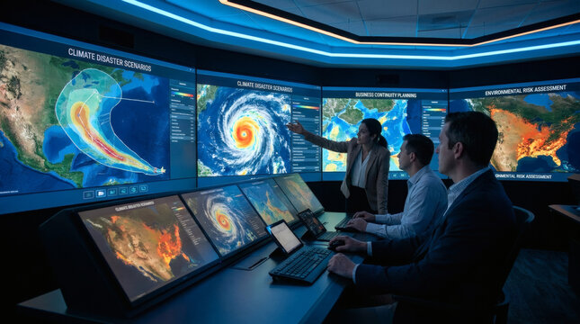 Risk management team analyzing climate disaster scenarios on advanced digital interface, extreme weather visualization, business continuity planning, environmental risk assessment, modern control room