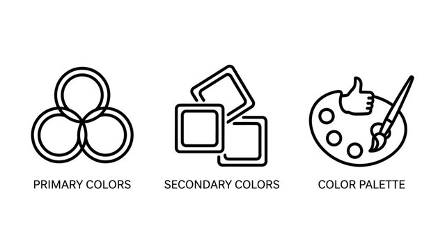 Color theory icons: primary colors secondary colors color palette with color wheel color mixing color selection color chart color management art supplies paint brush education material