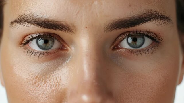 Close up blue eye and eyebrow portrait with natural skin texture, pore detail, expressive eye gaze