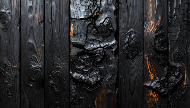 Flat bird eye view of porcelain planks mimicking charred shou sugi ban wood featuring black carbonized texture with deep cracks generative AI