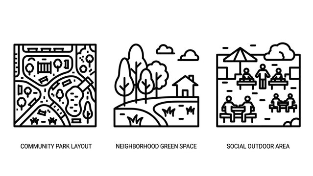 Community park layout neighborhood green spaces social life icons with green space city planning urban design public space walking path street furniture community living community neighborhood