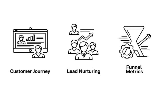 Business icons: customer journey lead nurturing funnel metrics with business marketing customer nurturing strategy analytics workflow analysis planning management illustration collection