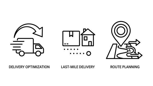 Logistics icons: delivery optimization last mile delivery route planning with supply chain e commerce logistics delivery optimization planning transport location navigation efficiency